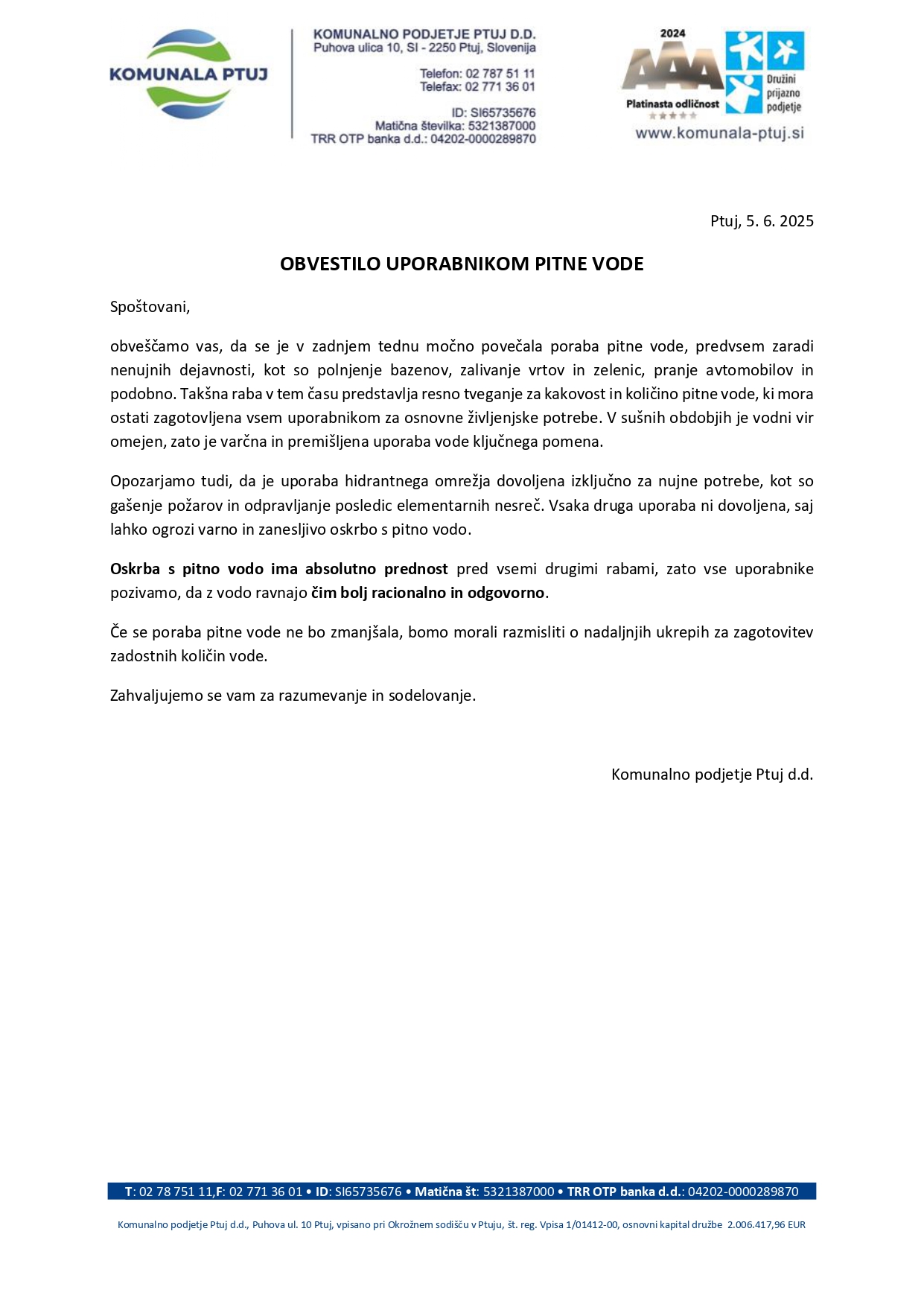 Obvestilo - racionalna uporaba pitne vode, junij 2025_page-0001